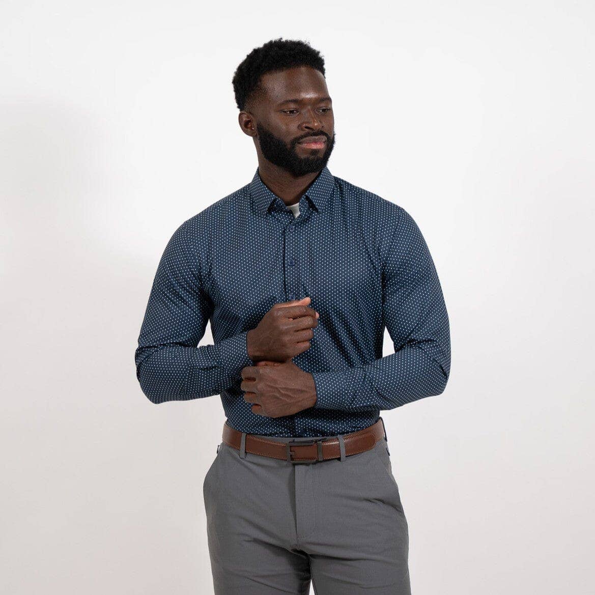Hustle Sport Shirt - Long Sleeve - Navy Polka Dot: Regular / Small
