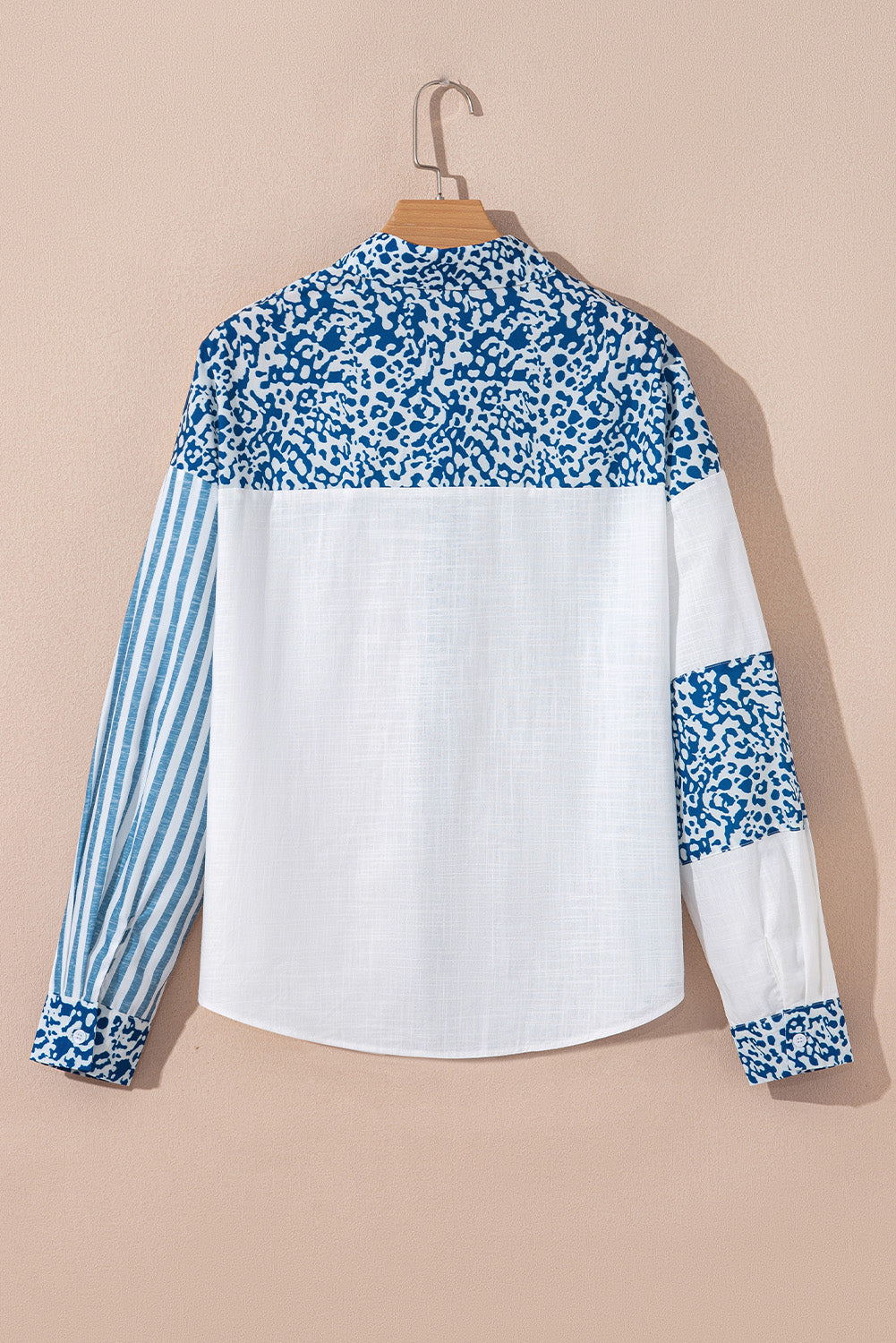 Sky Blue Leopard Striped Patchwork Button-up Shirt Shacket