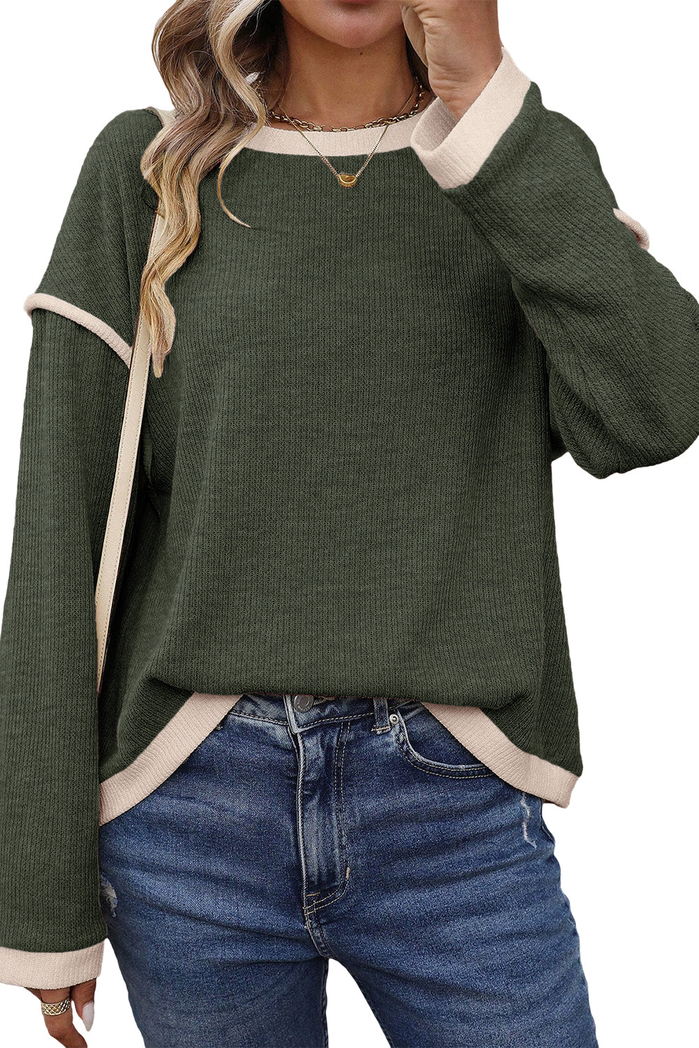 Contrast Color Trim Knit Drop Shoulder Loose Top