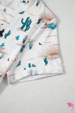 Beige Western Cactus Print Crew Neck Short Sleeve Top