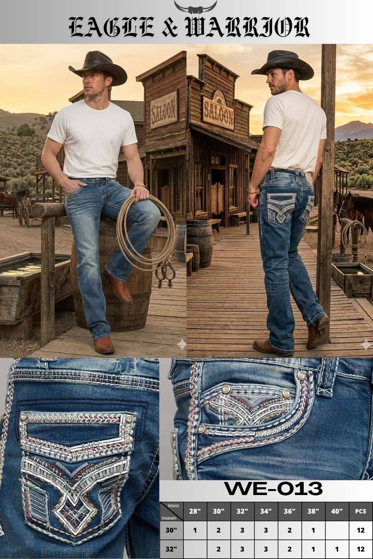WE-013 Eagle Warrior Men's Western Straight Stretch Jeans: 32 / 36