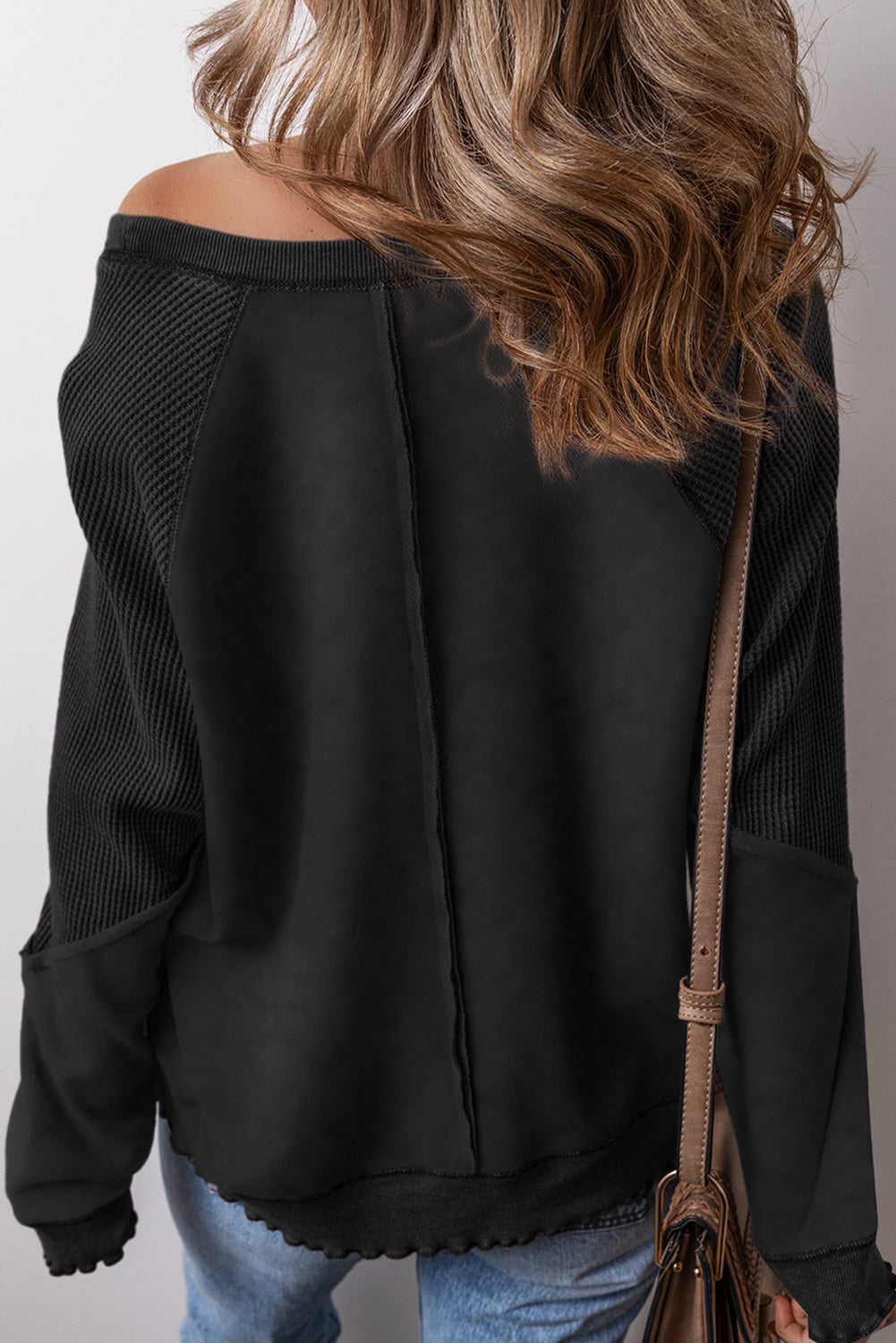 Pink Waffle Patchwork Raglan Sleeve Exposed Seam Sweatshirt