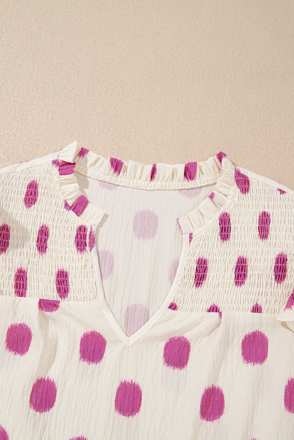 Rose Polka Dot Print Shirred Notched Neck Puff Sleeve Blouse