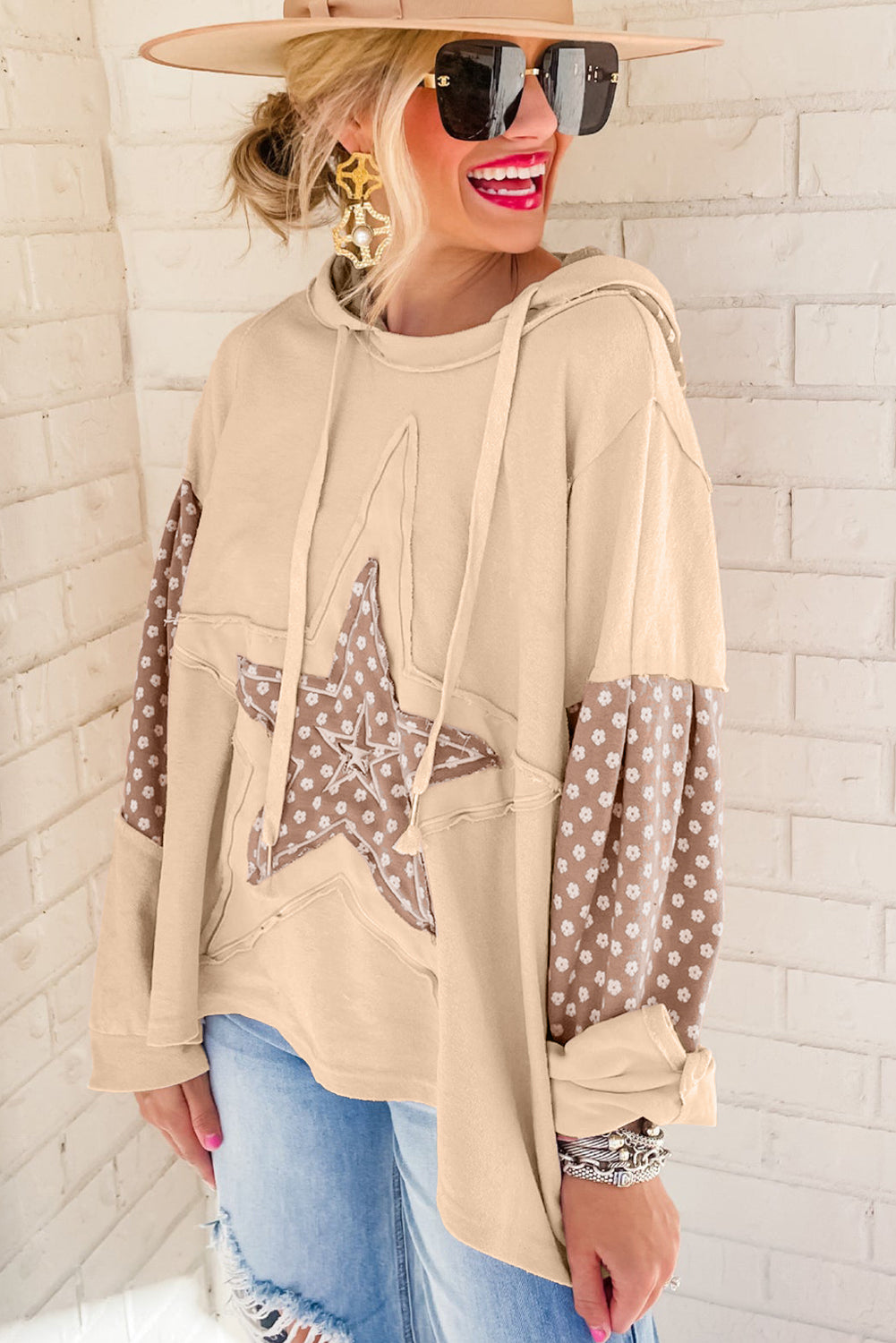 Delicacy Floral Patchwork Star Pattern Drawstring Hoodie