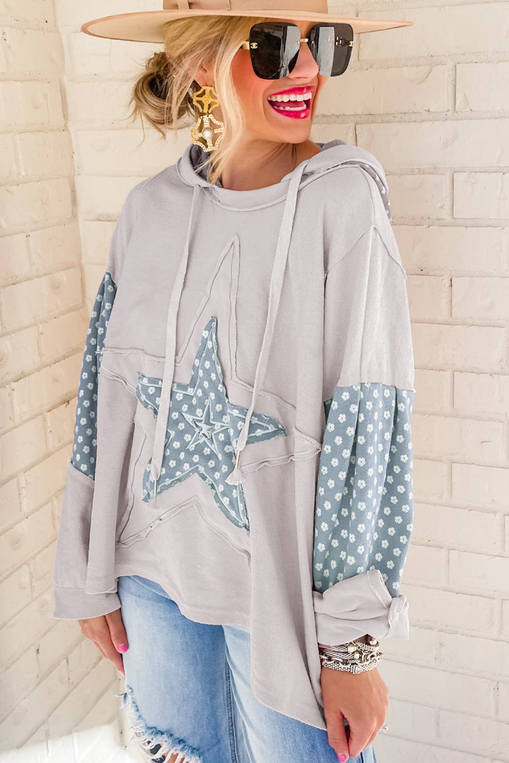 Delicacy Floral Patchwork Star Pattern Drawstring Hoodie