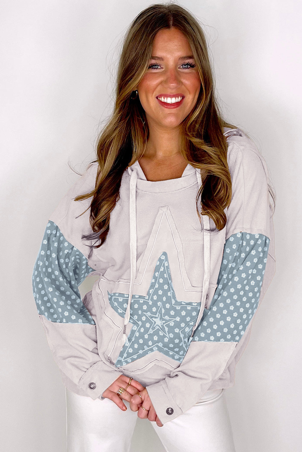 Delicacy Floral Patchwork Star Pattern Drawstring Hoodie