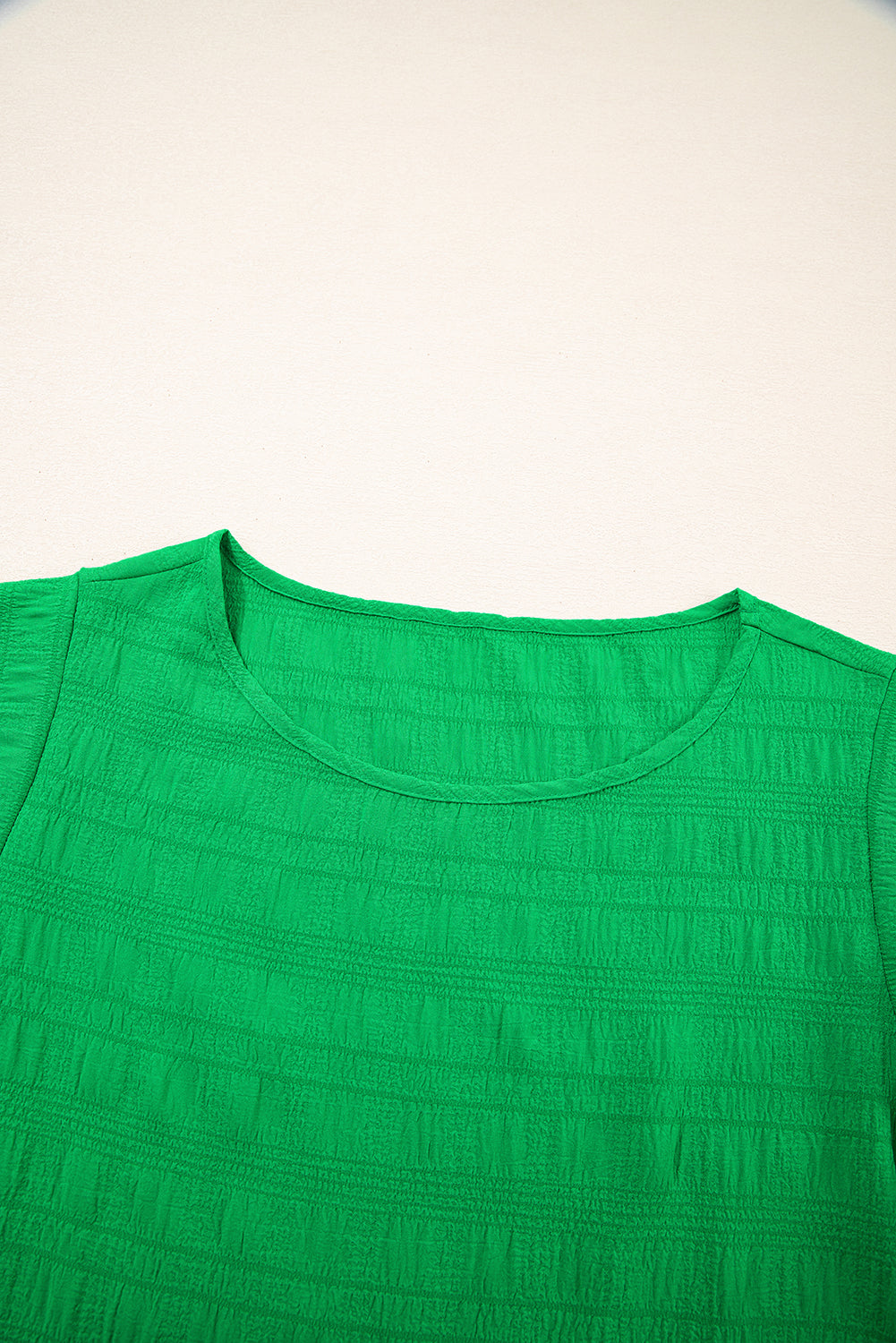 Dark Green Ruffle Sleeve Textured Smocked Blouse