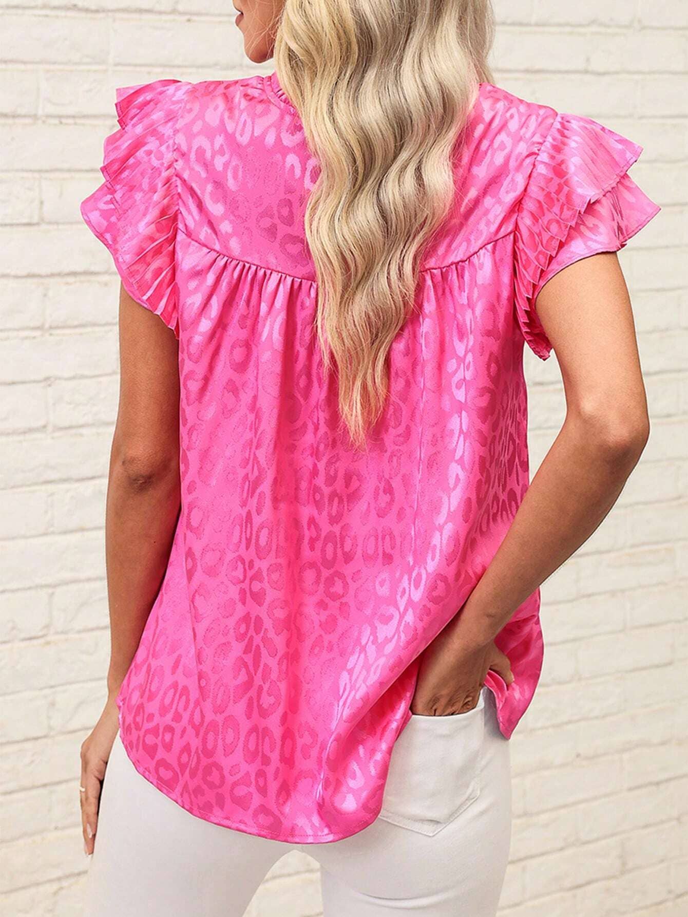 Urban print stain ruffle t-shirt top: Blue / M