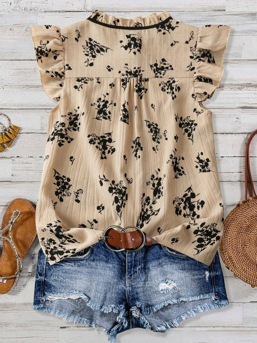 Rustic Boho Ruffles Detailed Ditsy Floral Tie Neck Top: Apricot / XL