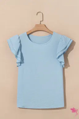 Mist Blue Solid Color Ruffled Short Sleeve Casual Blouse