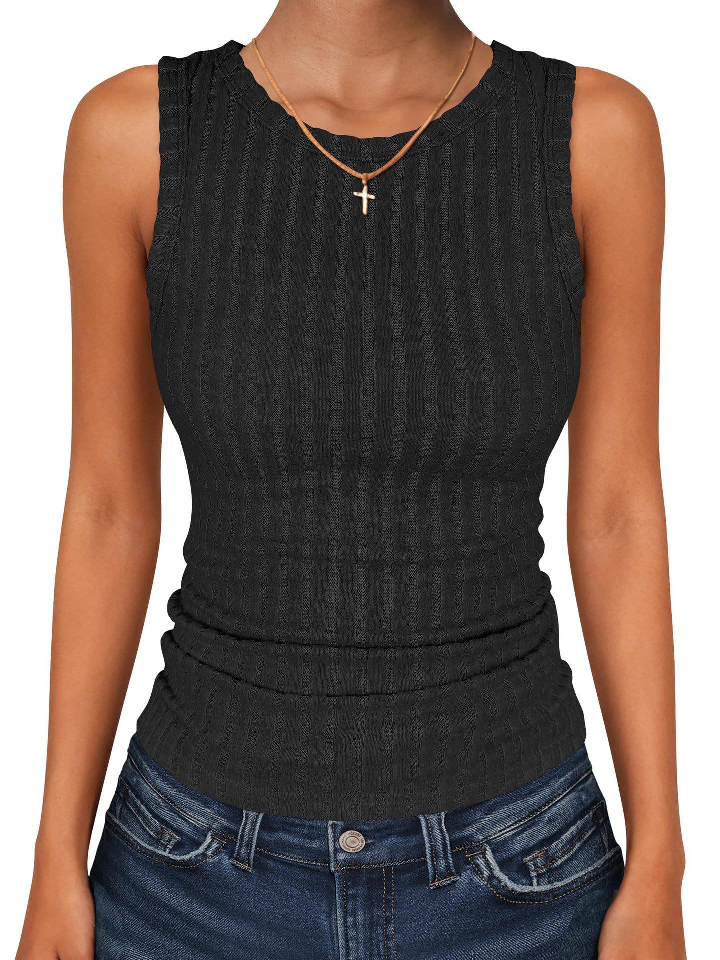 Western Plain Color Slim Fit Ribbed Tank Top: Black / S