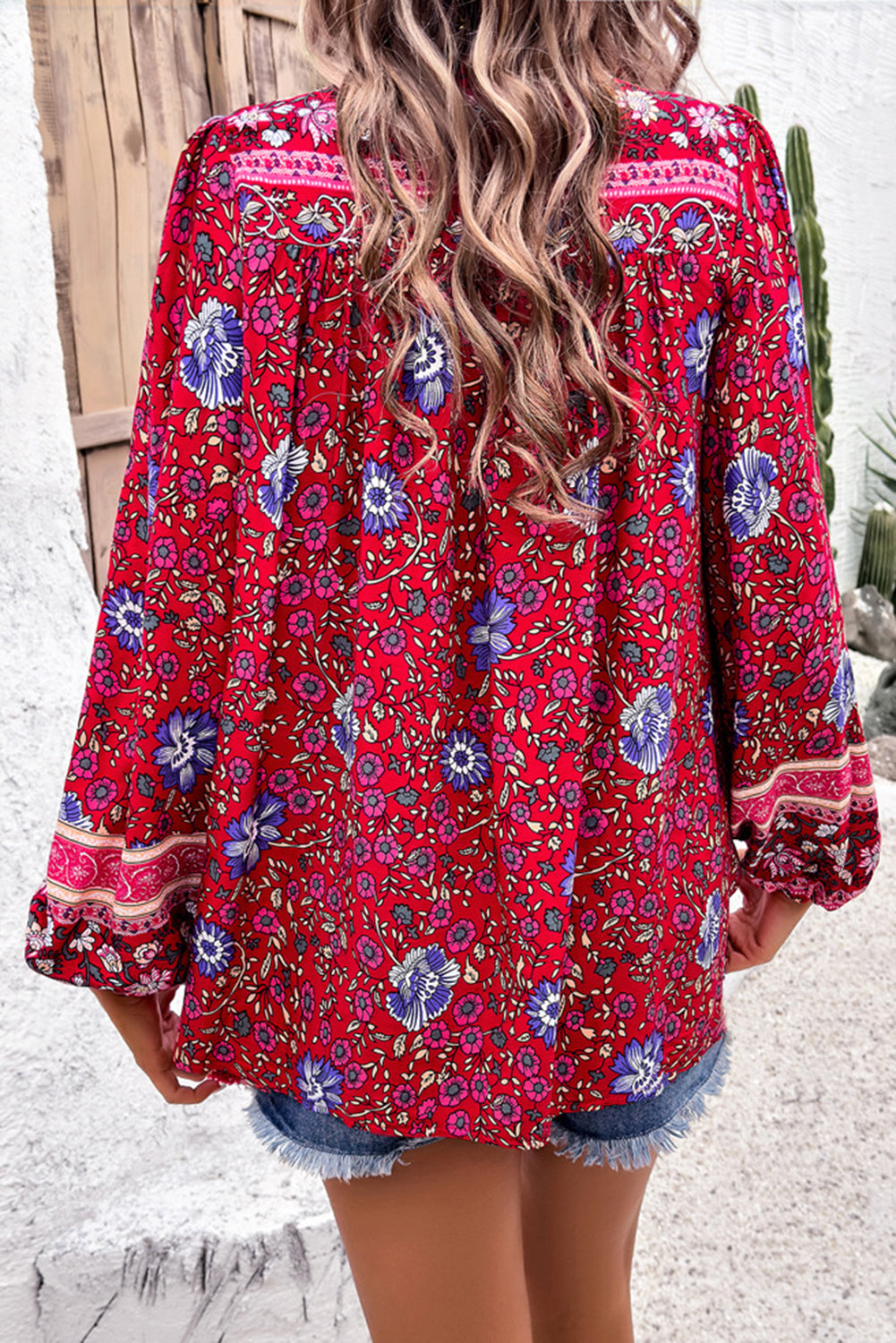 Red Bohemian Floral Print Tassel Tie Front Long Sleeve Blouse