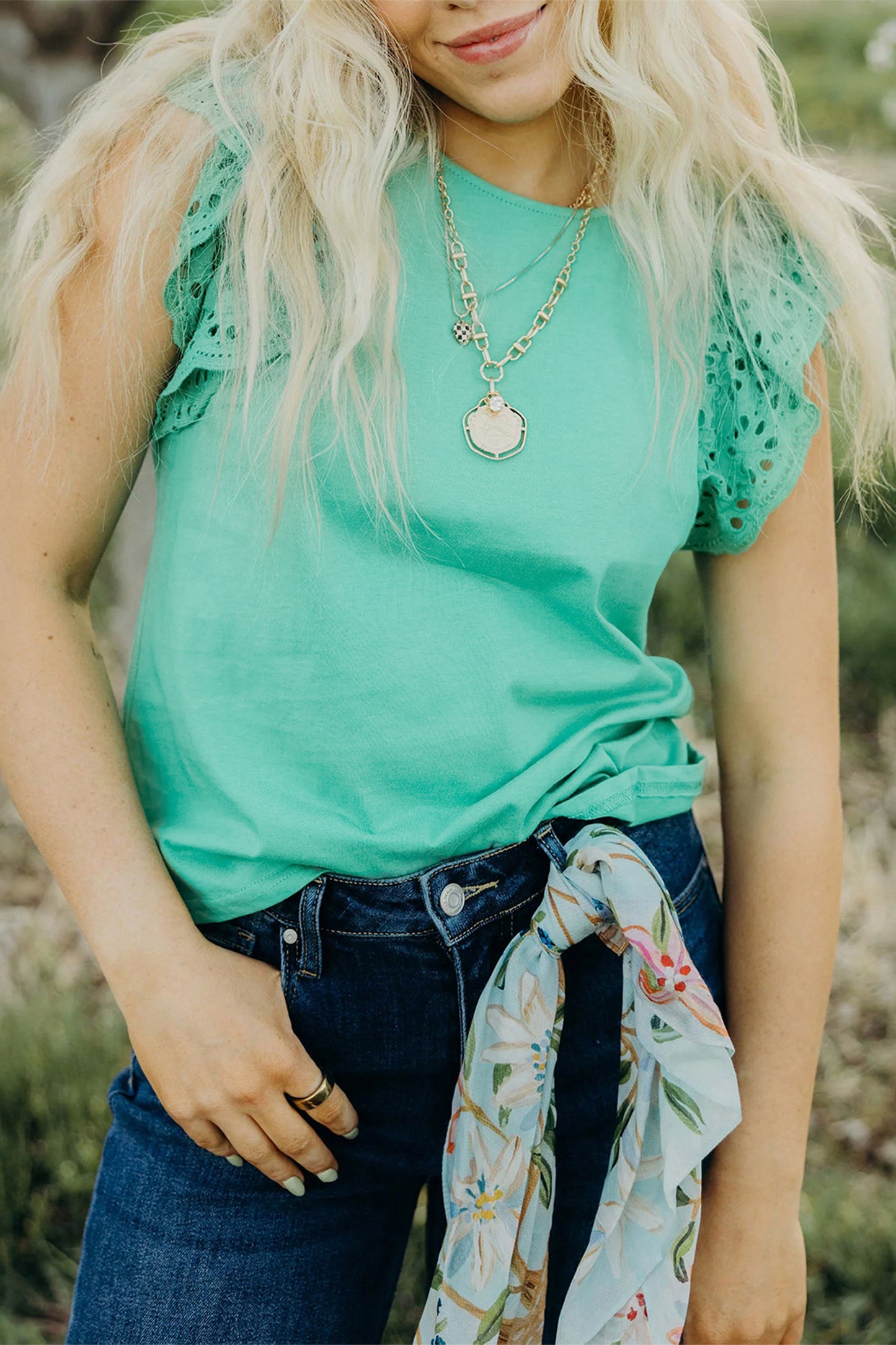 Mint Green Eyelet Lace Ruffled Cap Sleeve Top