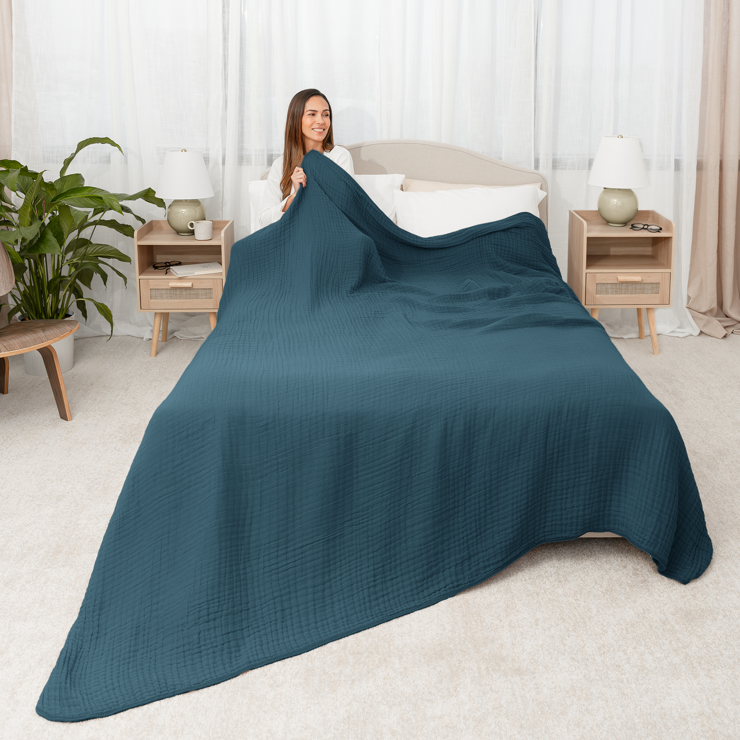 Muslin Blanket for Adults, 6-Layer Bedding by Comfy Cubs: Pacific Blue / Throw: 50" x 60"