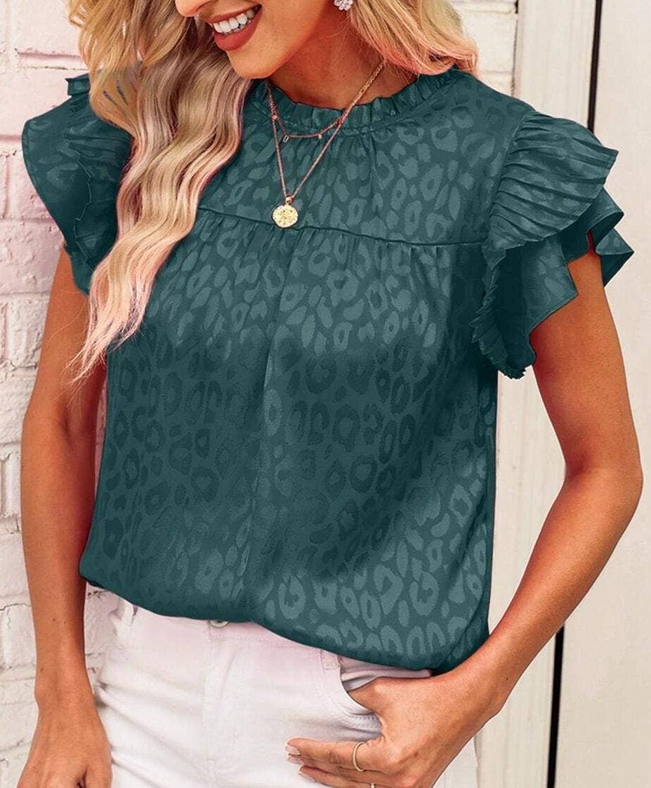 Urban print stain ruffle t-shirt top: Green / 2XL