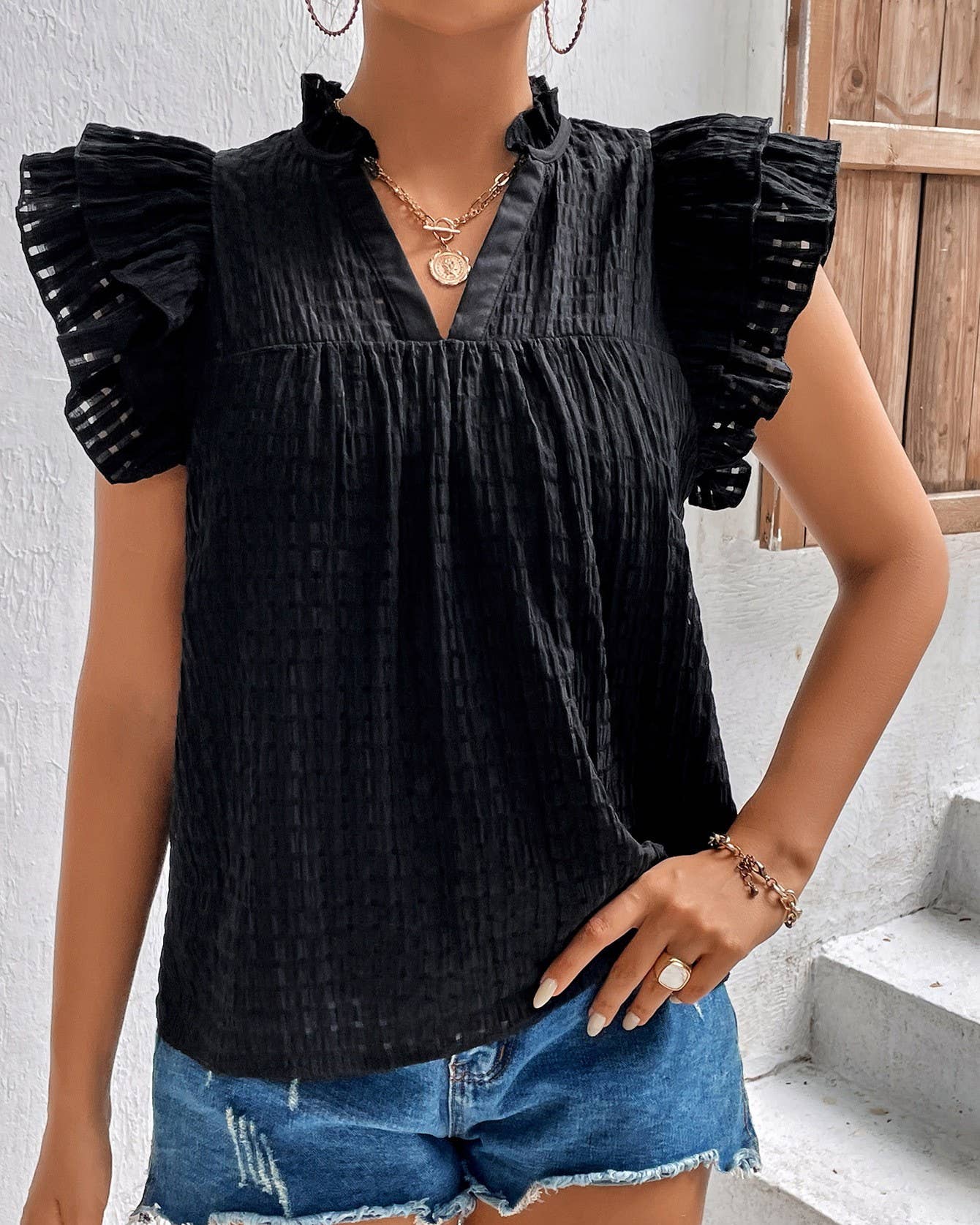 Solid V-Neck Ruffled Sleeve T-Shirt: Black / L
