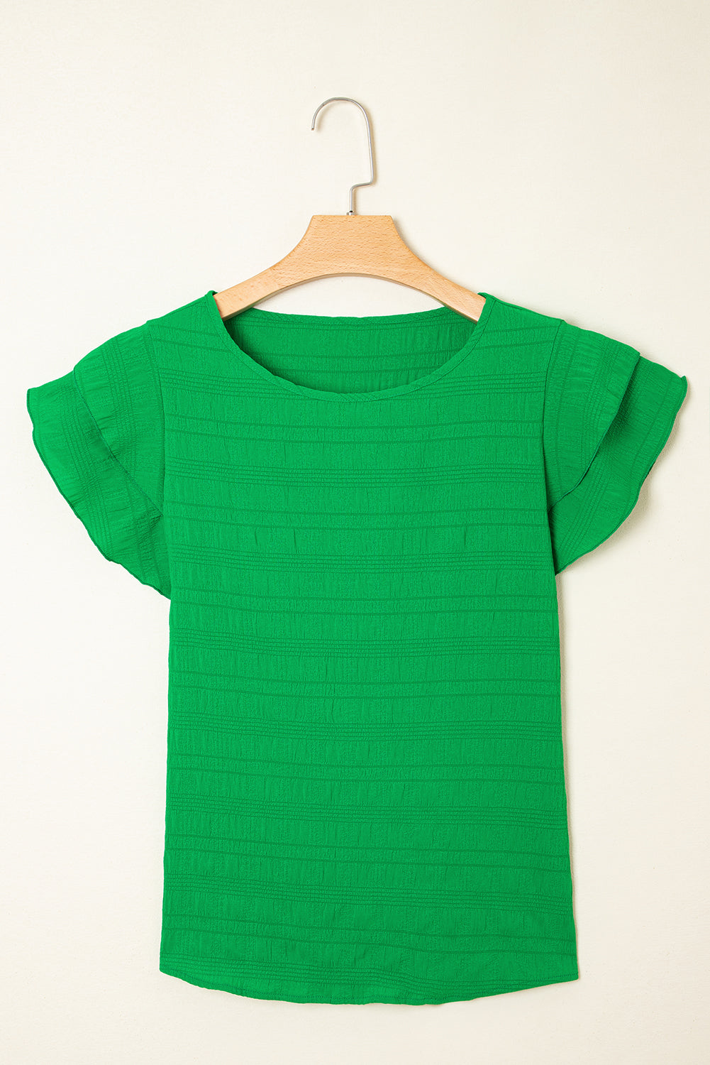 Dark Green Ruffle Sleeve Textured Smocked Blouse