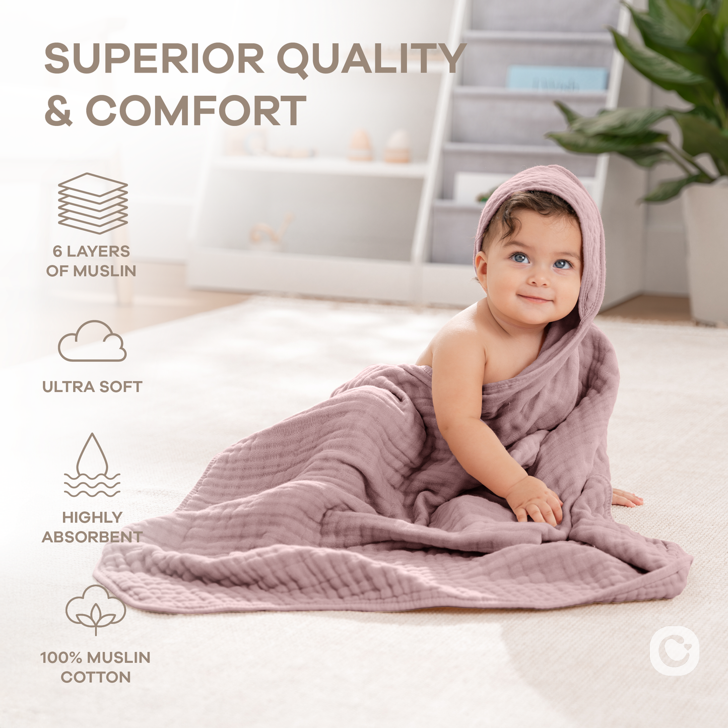 Hooded Baby Towel, 6 Layer 100% Muslin Cotton by Comfy Cubs: Mauve / Pack of 1