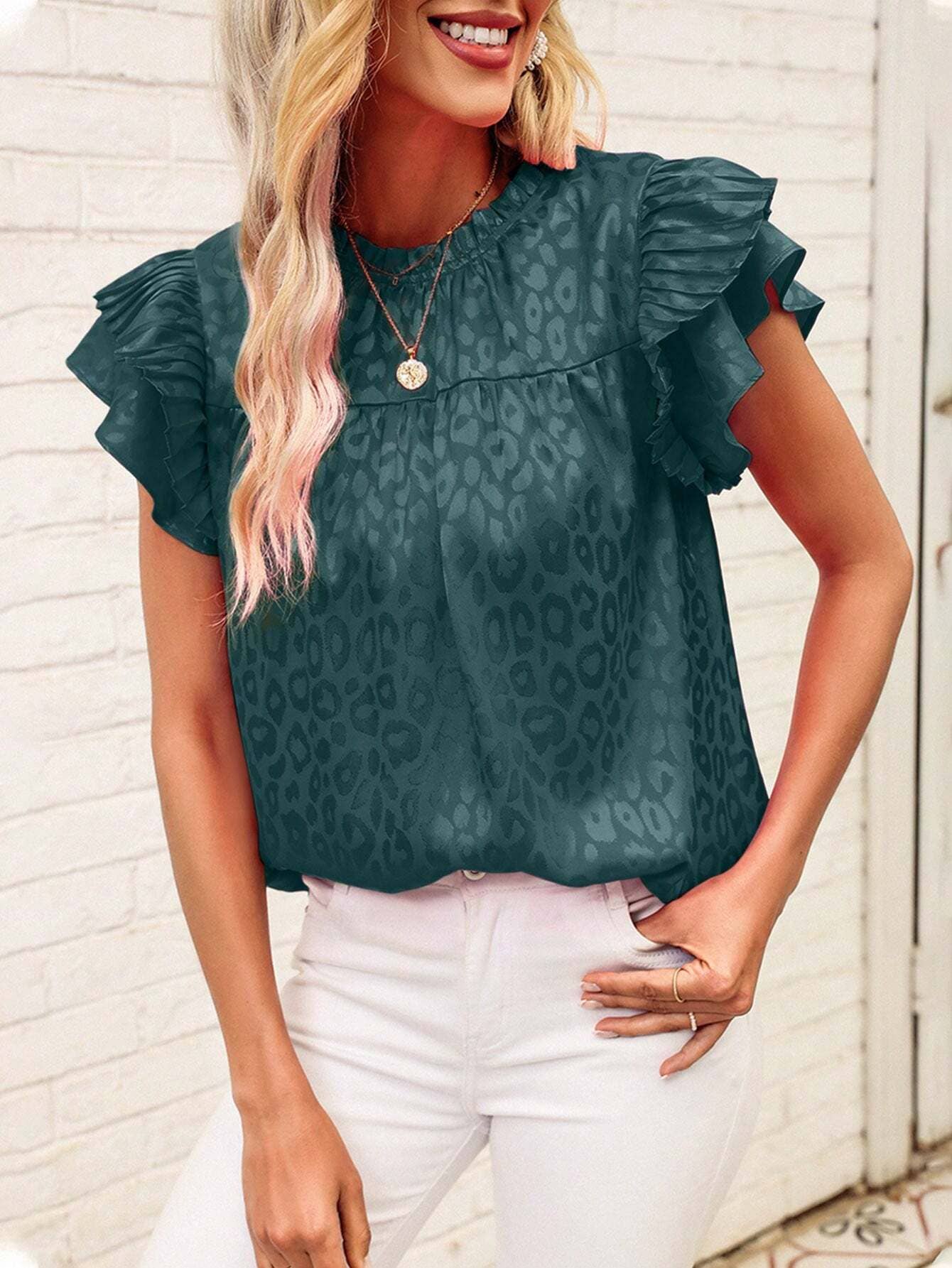 Urban print stain ruffle t-shirt top: Begie / S