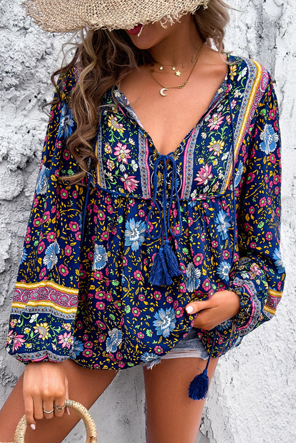 Red Bohemian Floral Print Tassel Tie Front Long Sleeve Blouse