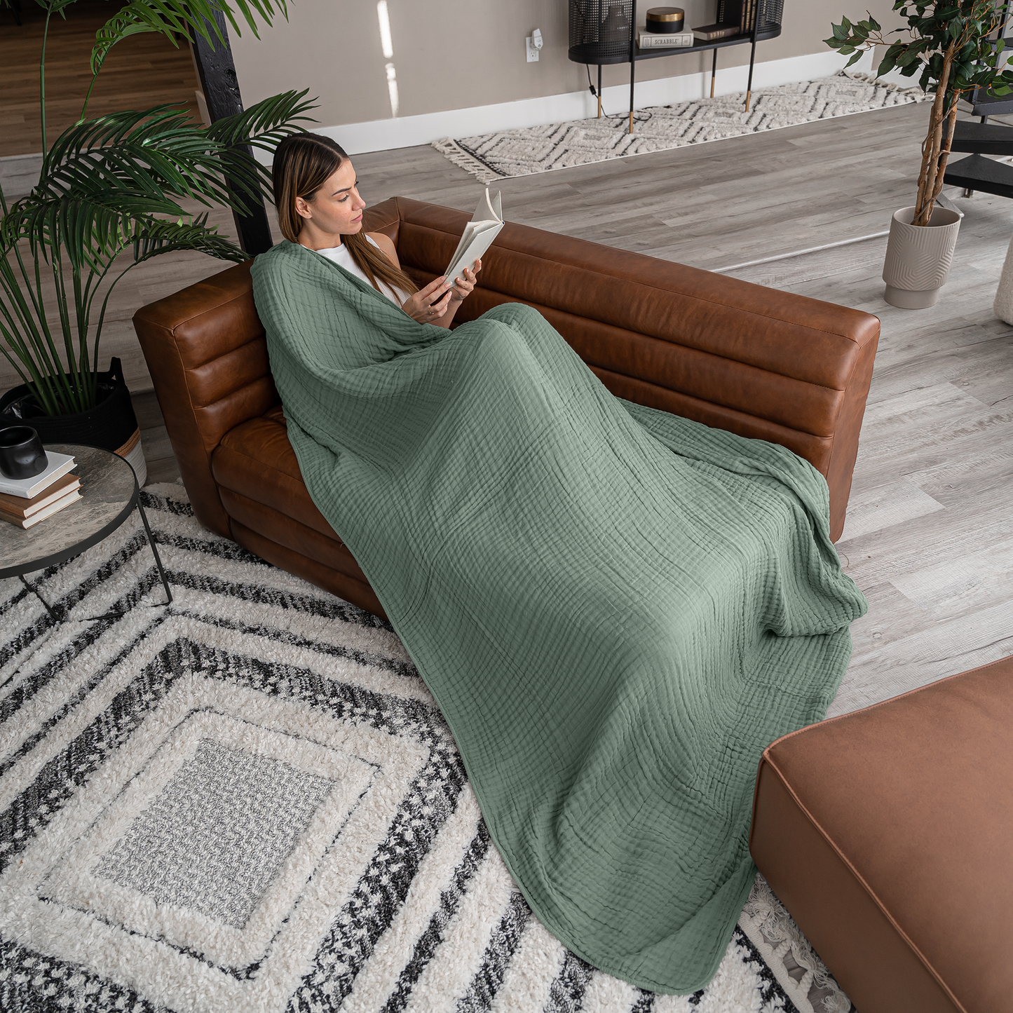 Muslin Blanket for Adults, 6-Layer Bedding by Comfy Cubs: Pacific Blue / Throw: 50" x 60"