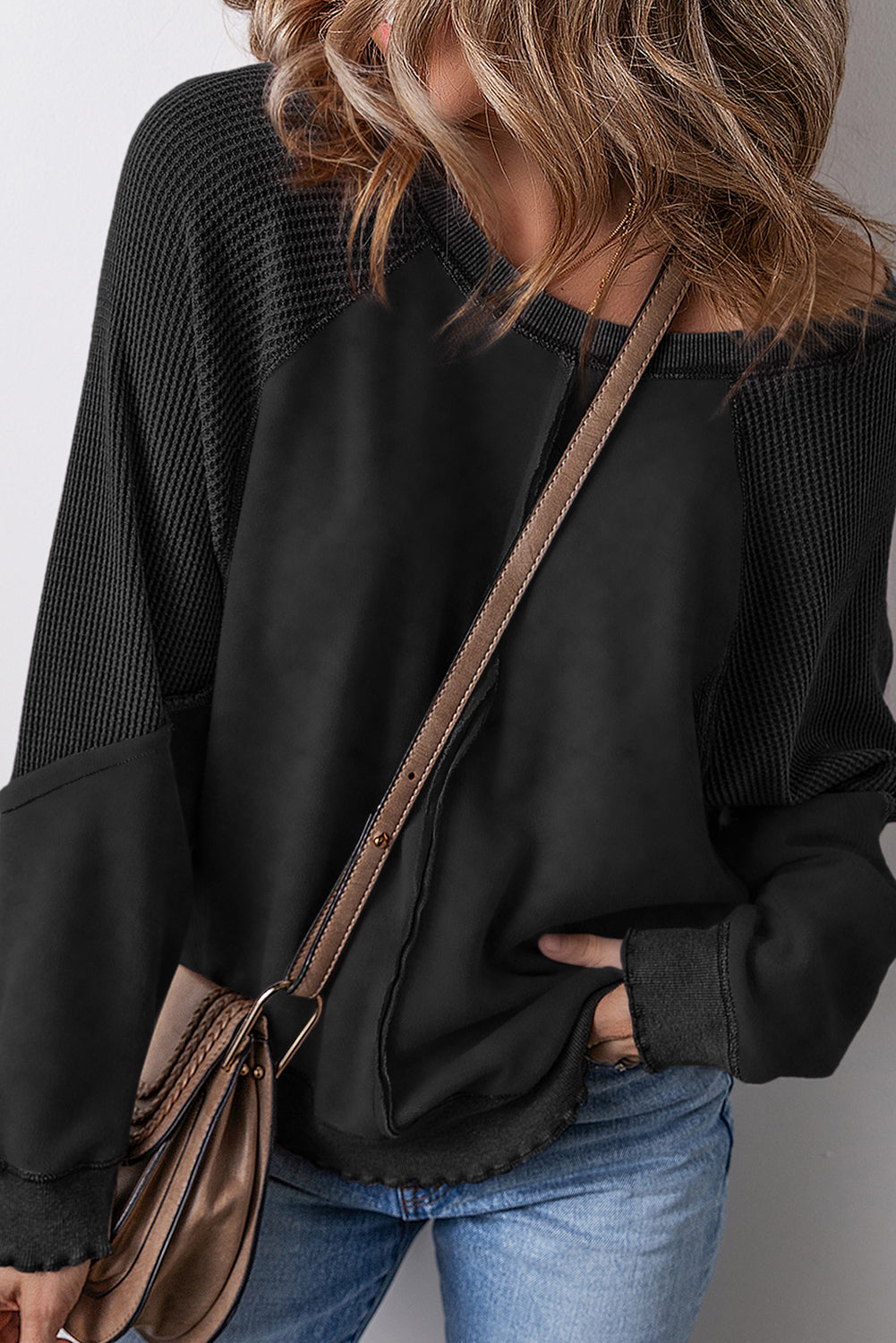 Pink Waffle Patchwork Raglan Sleeve Exposed Seam Sweatshirt