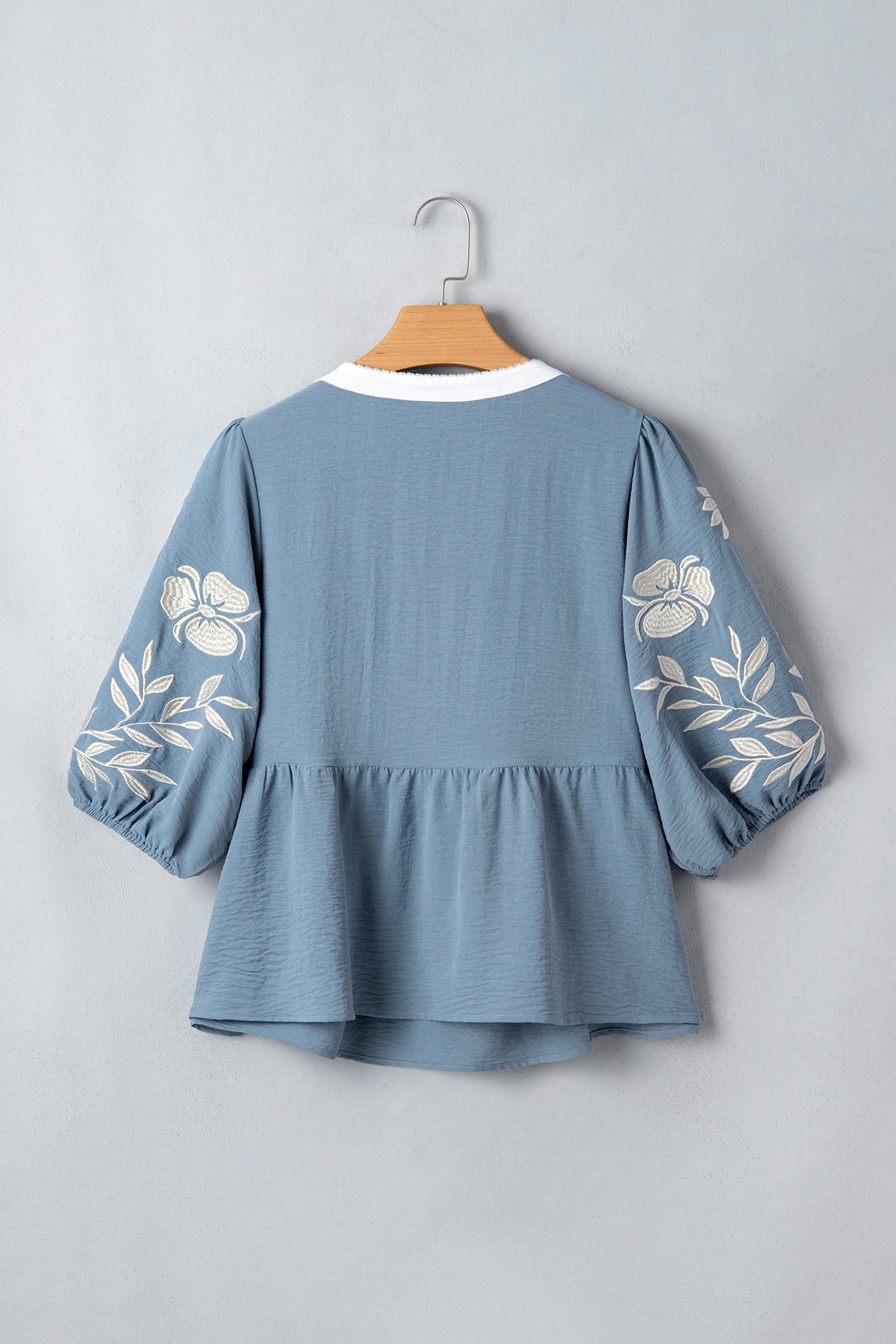 Smoke Green Color Block Patchwork V Neck Embroidered Puff Sleeve Babydoll Blouse