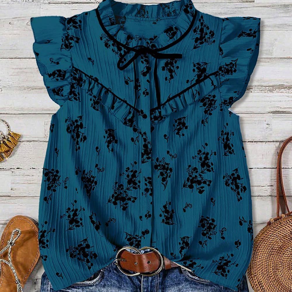 Rustic Boho Ruffles Detailed Ditsy Floral Tie Neck Top: Apricot / M