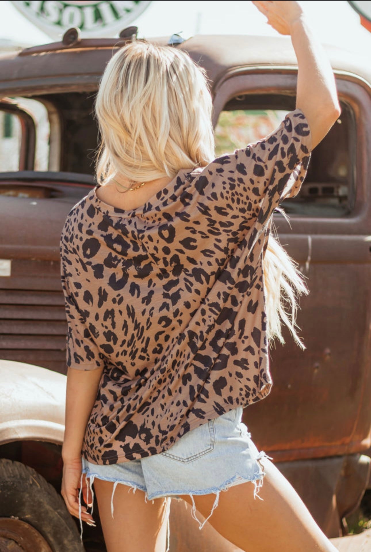 Brown Leopard V Neck half sleeve oversized Tee