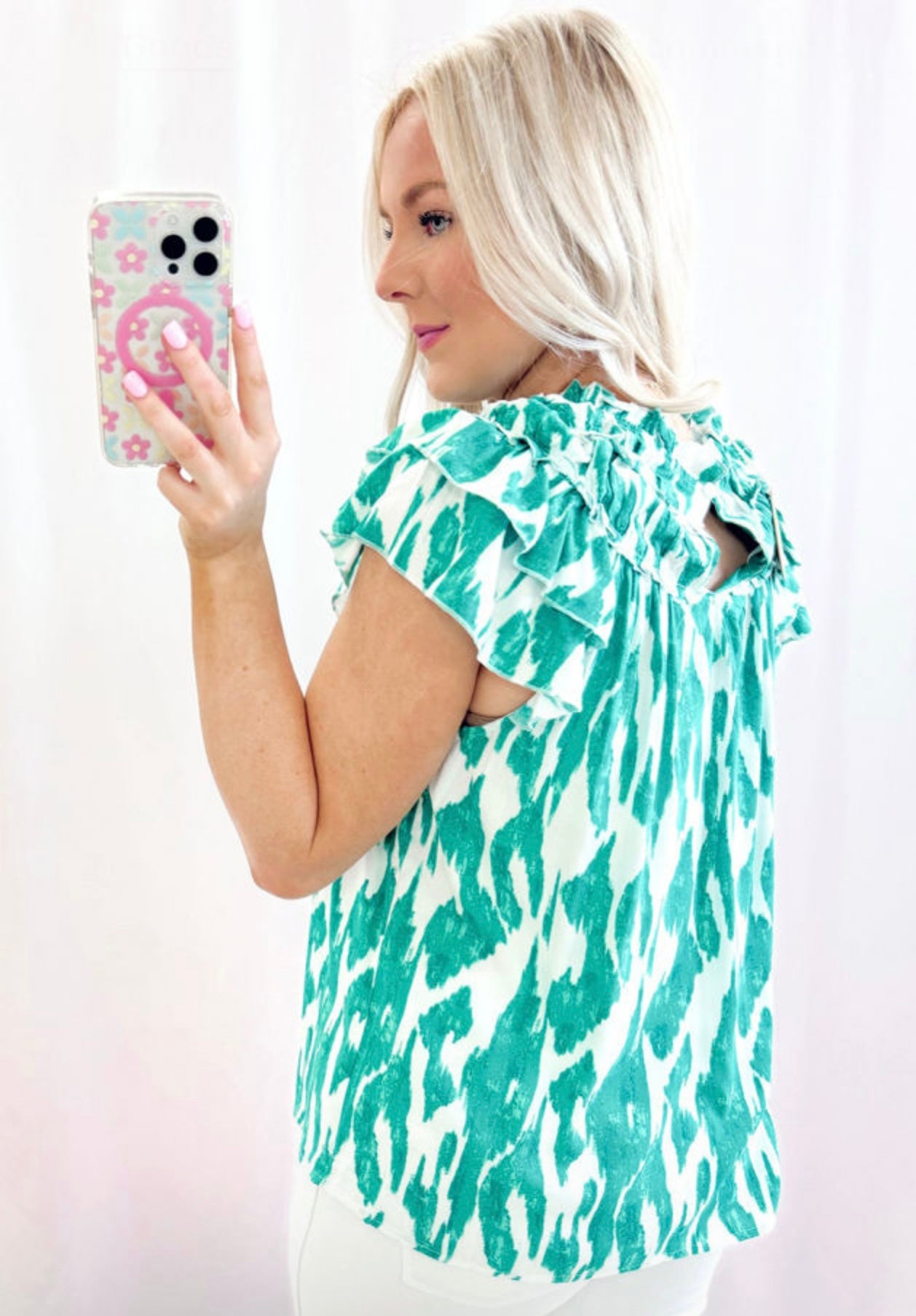 Sky Blue Abstract Print Frilled Crewneck Loose Fit Blouse