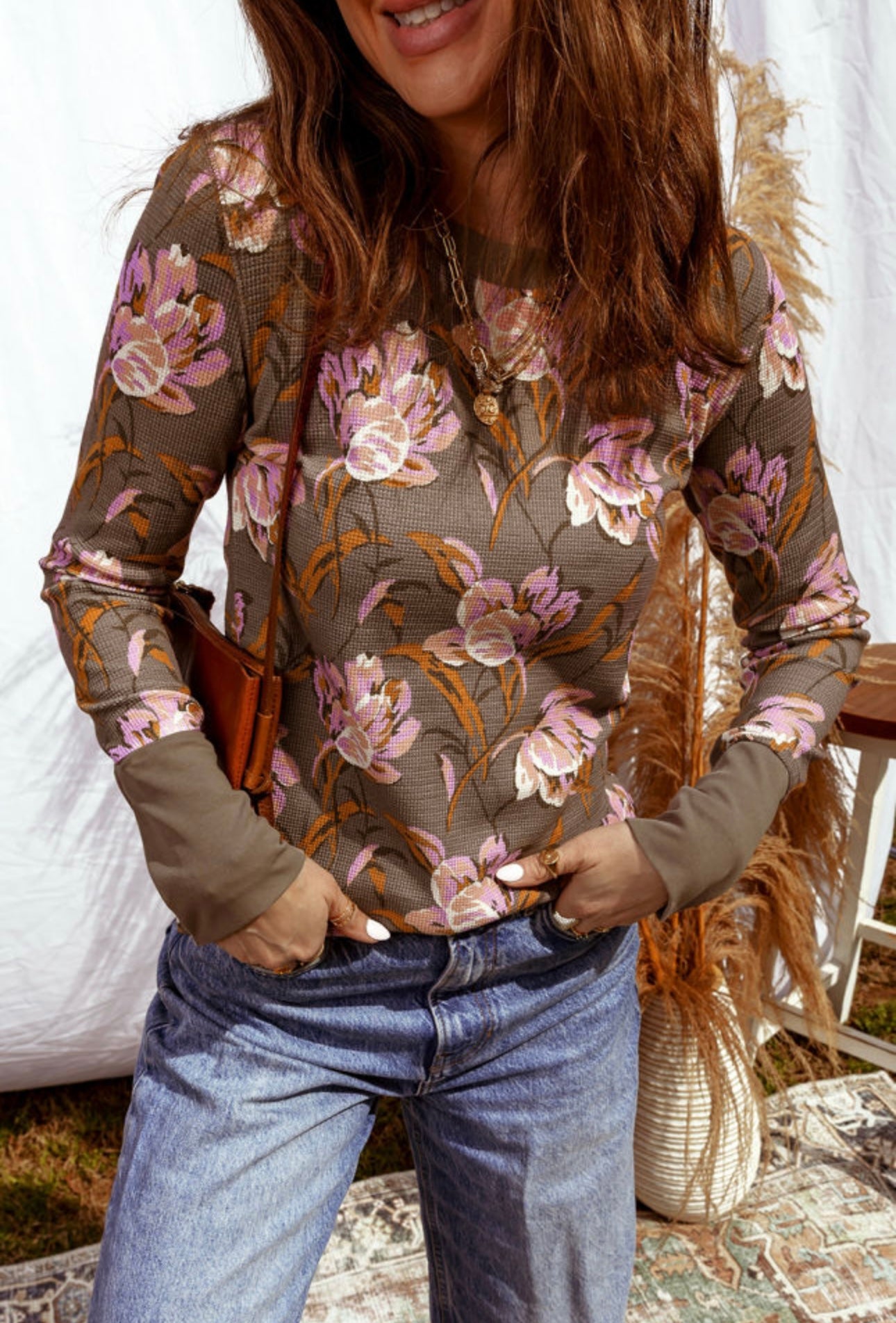 Brown Floral Print Waffle Textured Long Sleeve Top