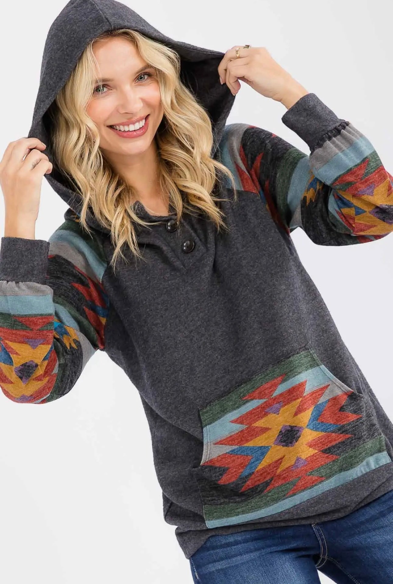 Aztec Print Button Neck Pullover
Hooded Sweater