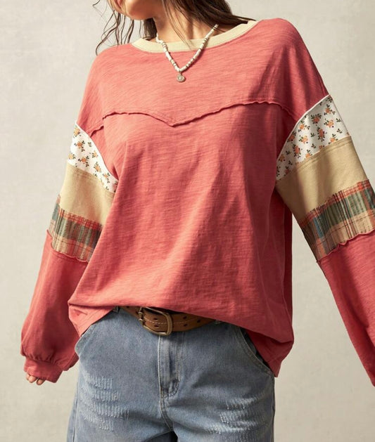 Patchwork Round Neck Long Sleeve top