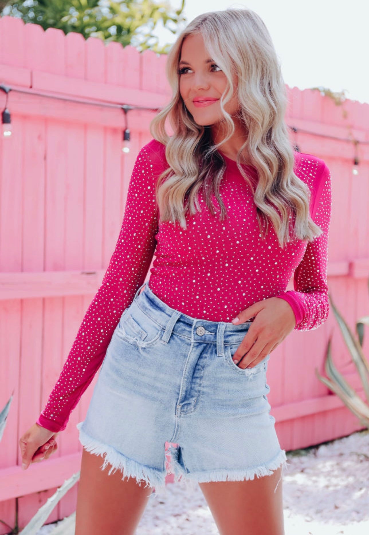Rose Rhinestone O-neck Long Sleeve Bodysuit