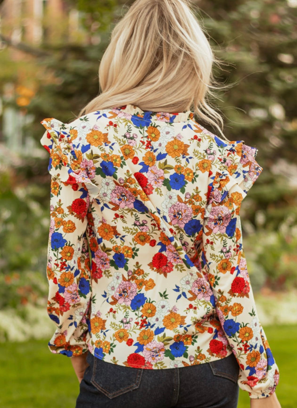 Floral, ruffle long sleeve blouse