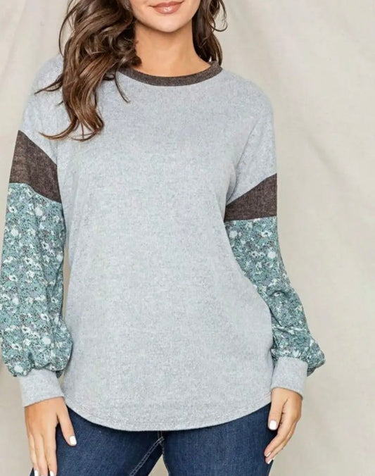 Vintage Floral Stripe Color Block Drop Shoulder Bubble Bishop Sleeve Knit Top