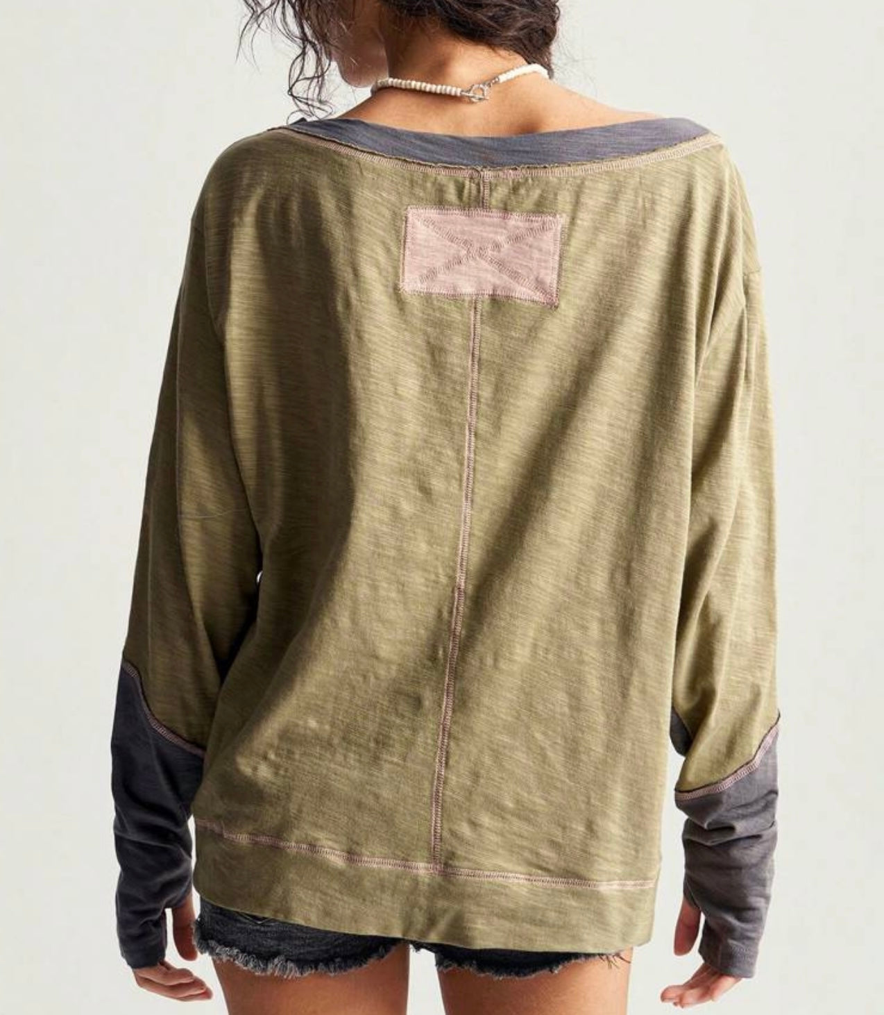 Dropped Shoulder Long Sleeve Casual Loose T-Shirt,Vintage