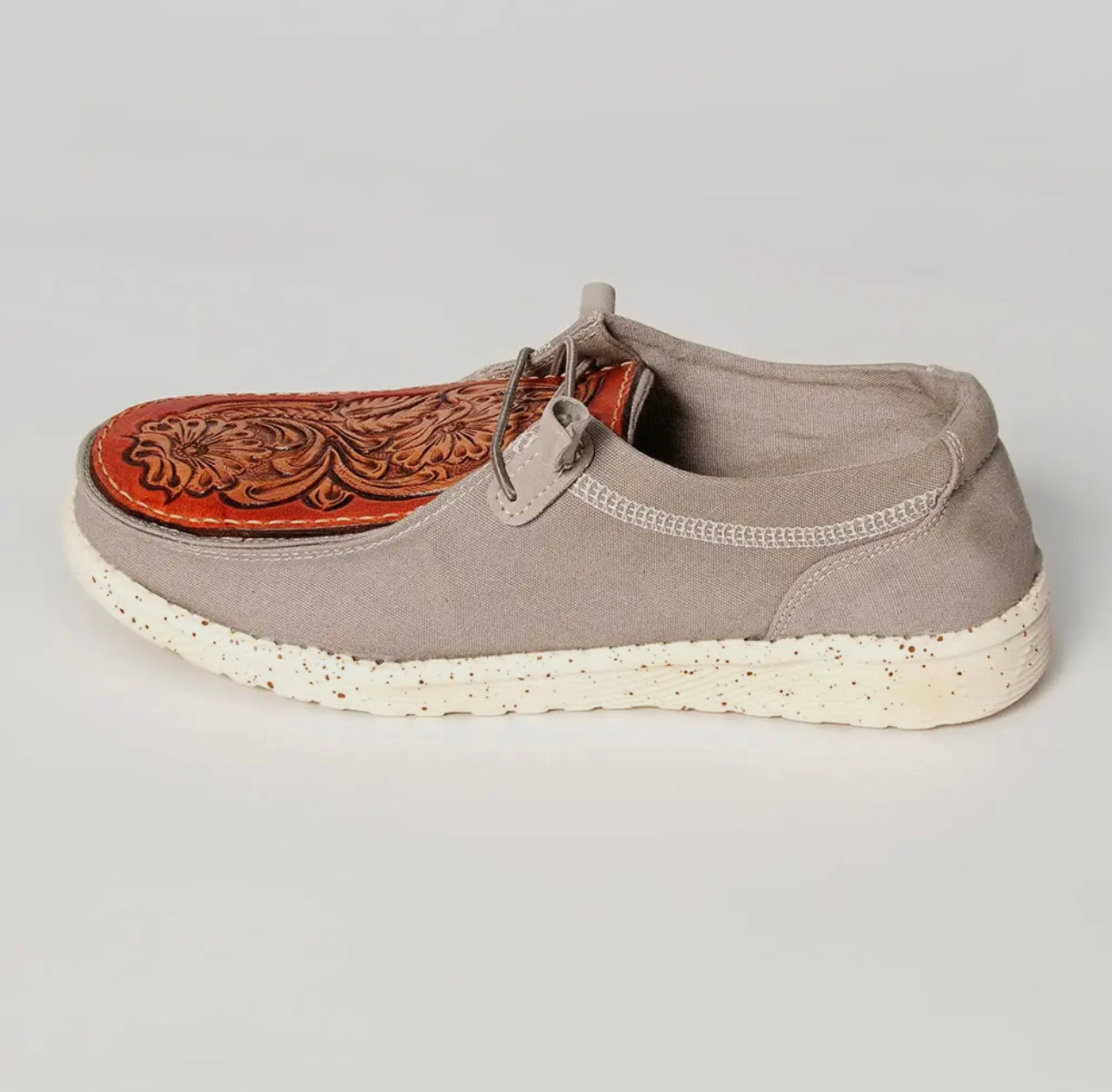 Taupe leather tooled toe slip on