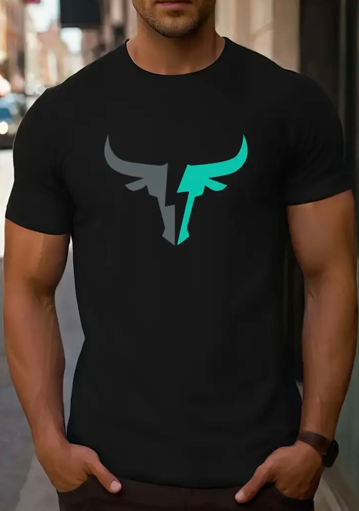 Men's Casual Short Sleeve T-Shirt with Trendy 2Tone Bull Skull print