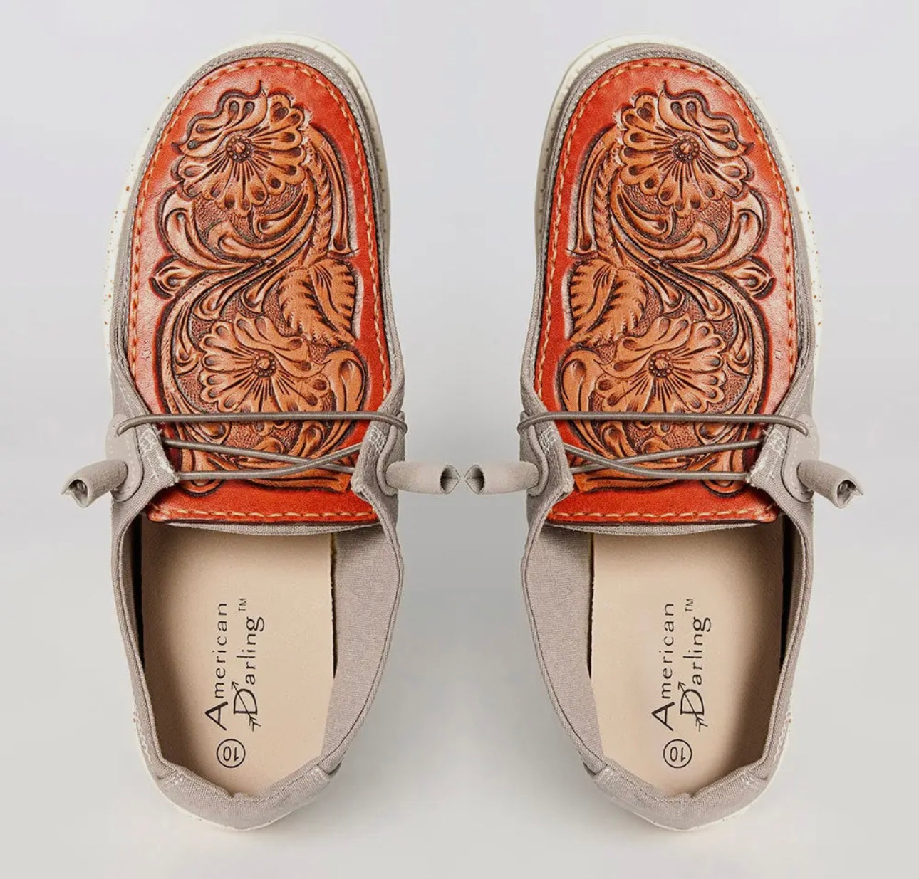Taupe leather tooled toe slip on