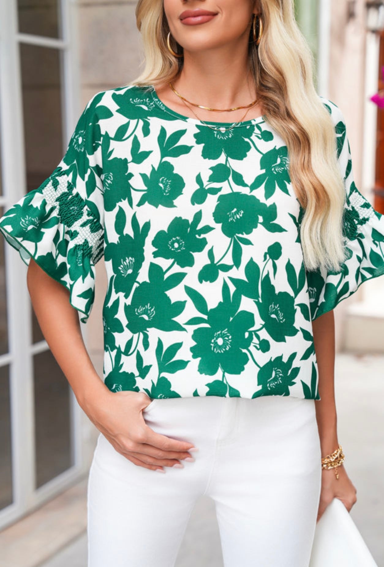Green Floral Print Ruffle Short Sleeve Loose Blouse
