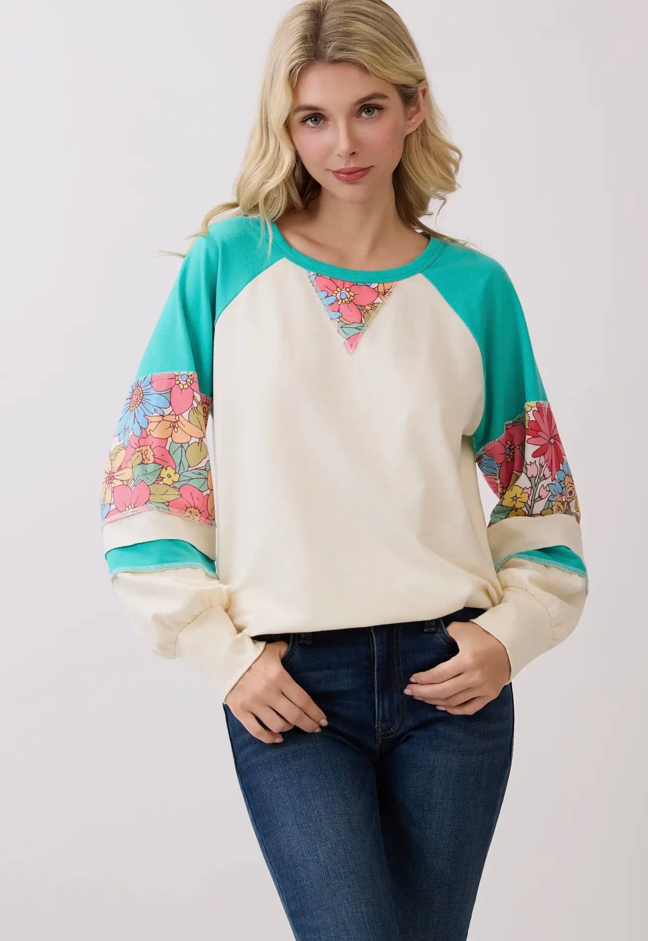 Floral Contrast Color Block Pullover Top