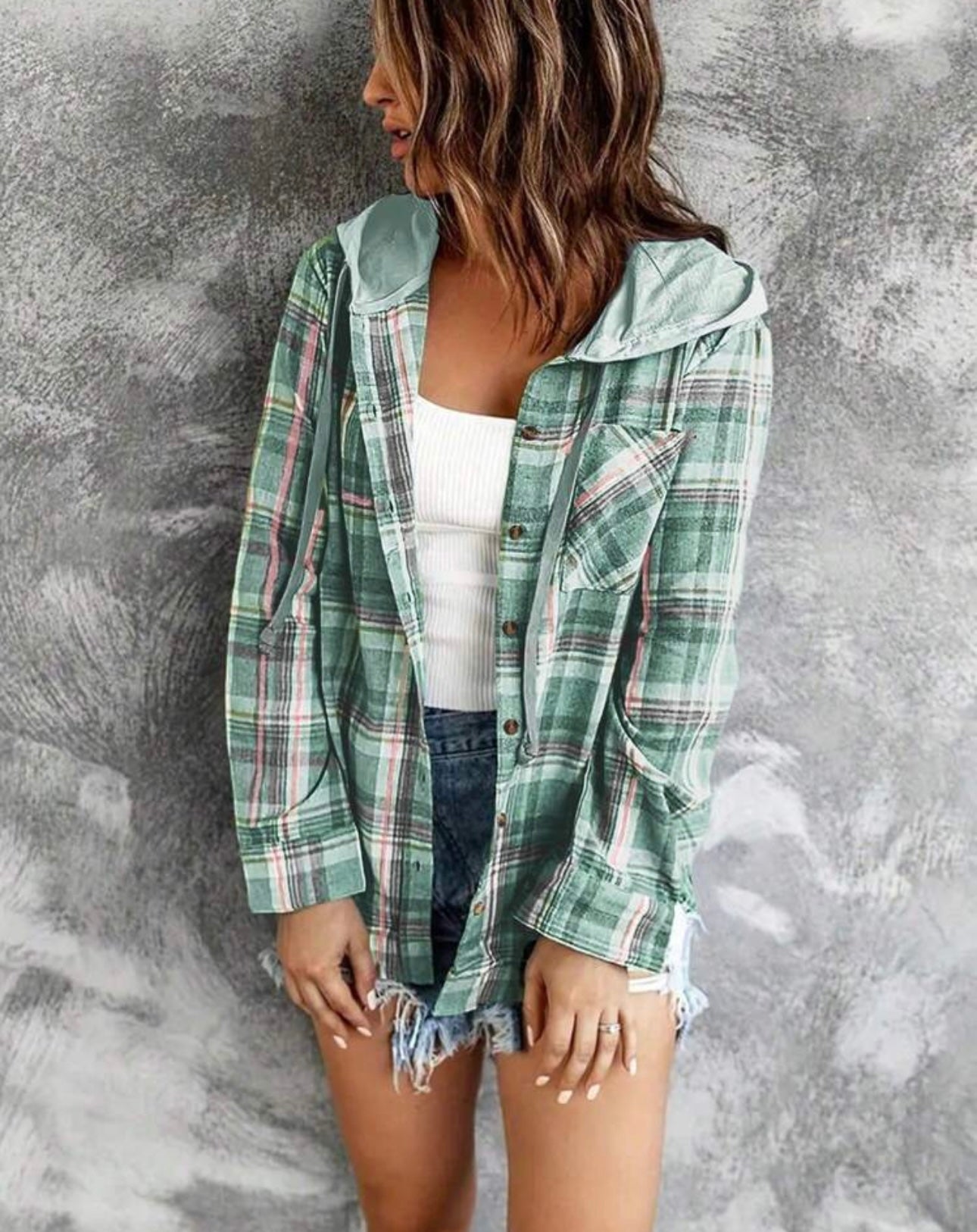 Plaid Casual Hooded Shirt, Long Sleeves