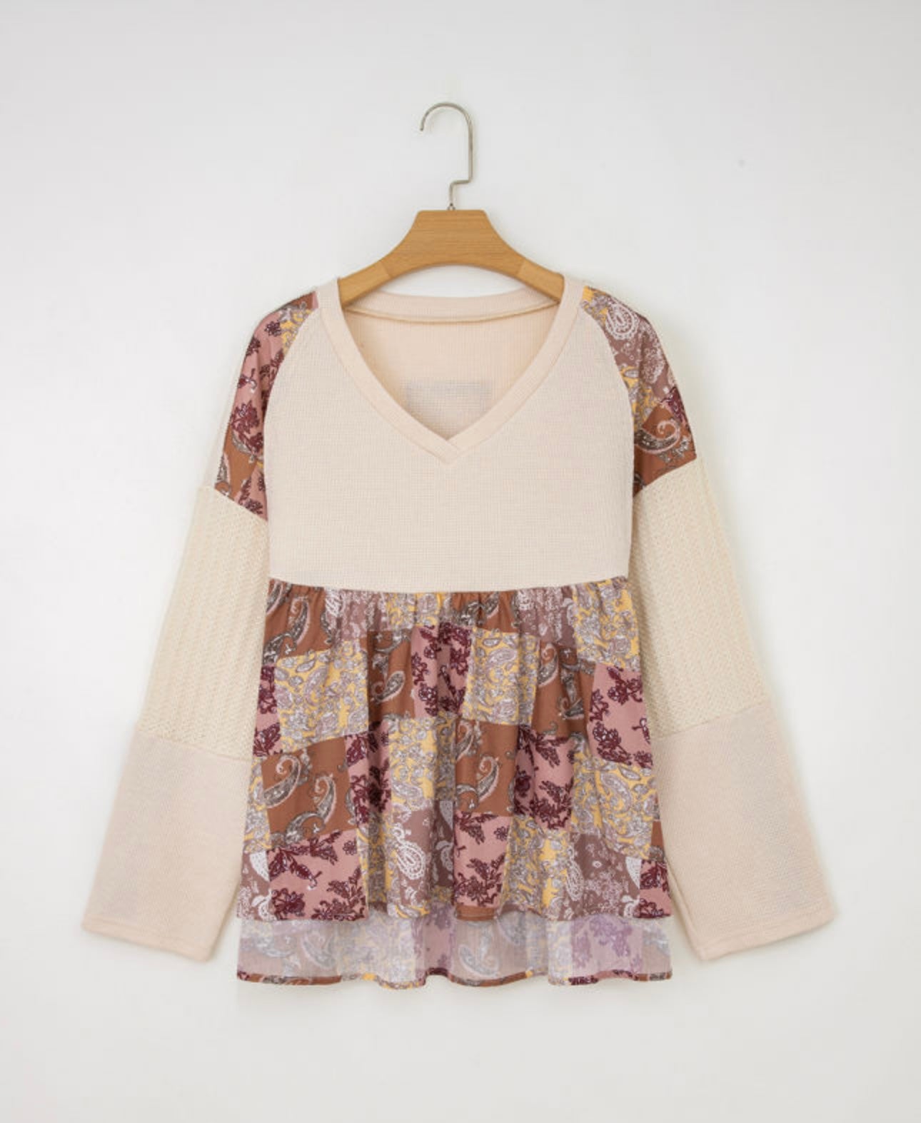 Beige Paisley Ethnic Print Contrast Patchwork Long Sleeve Loose Top