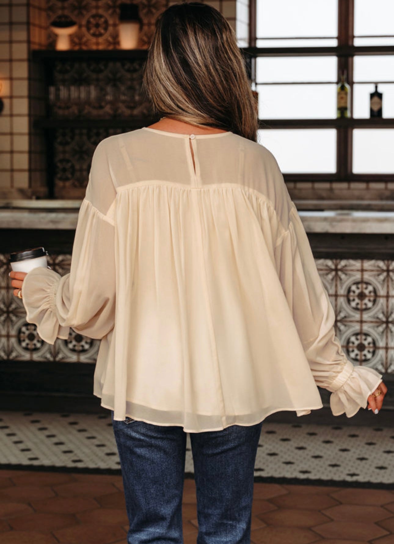 Parchment Pleated Ruffle Long Sleeve
Chiffon Blouse