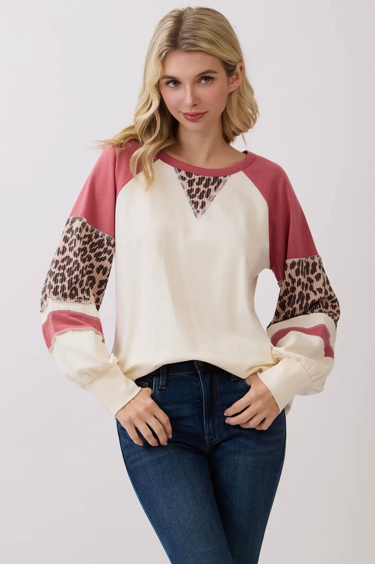 Leopard Print Color Block Raglan
Pullover Top
