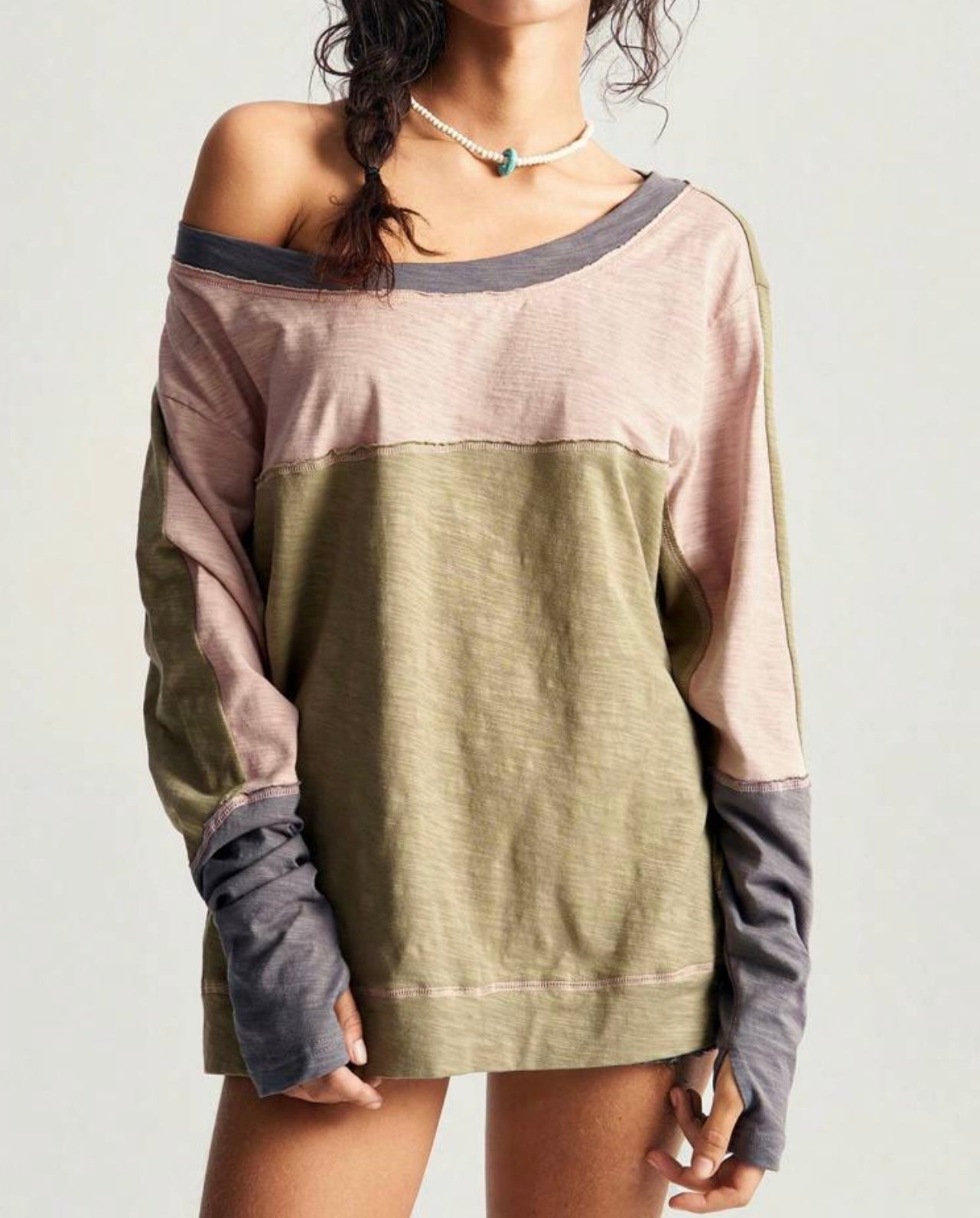 Dropped Shoulder Long Sleeve Casual Loose T-Shirt,Vintage