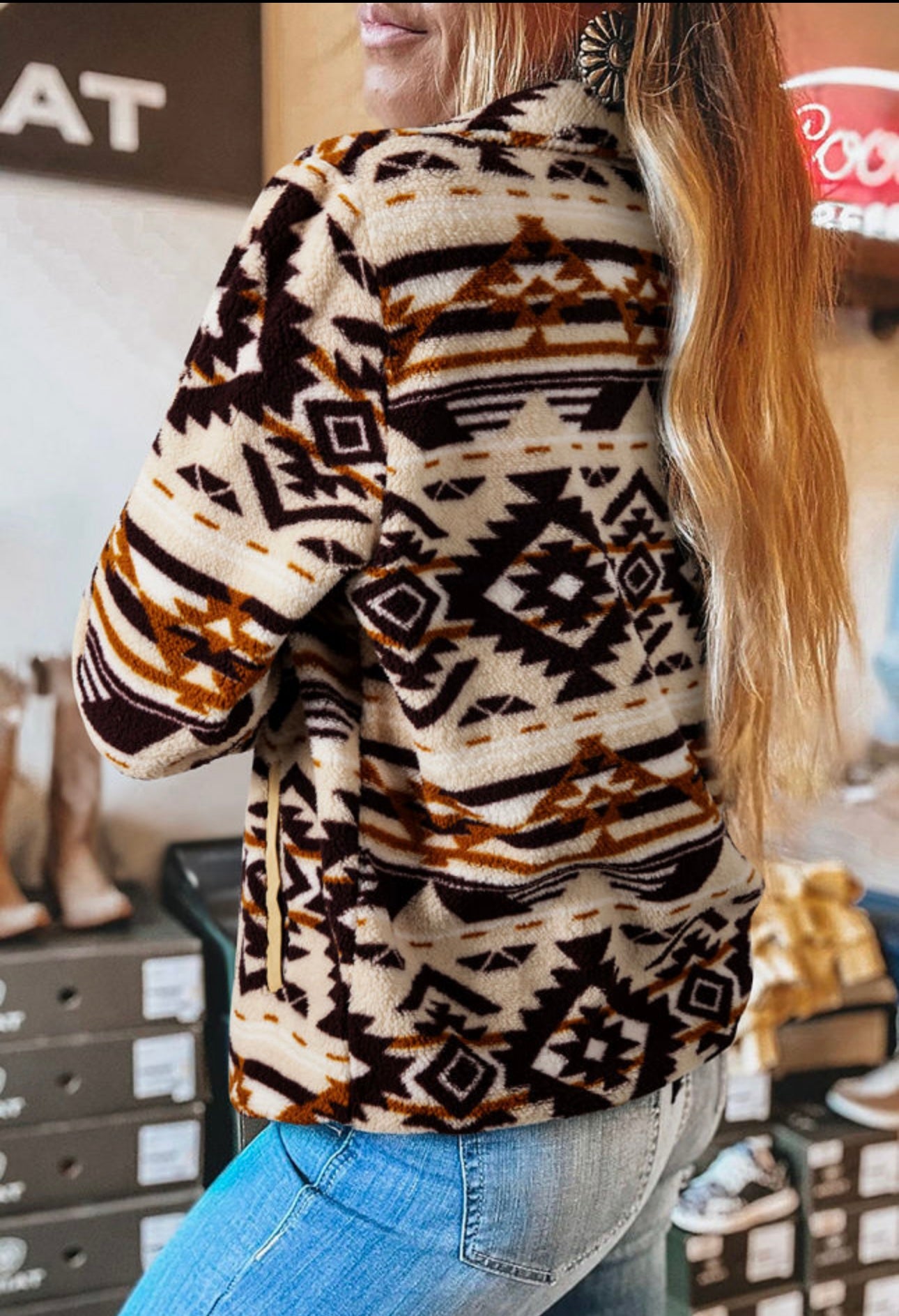 Khaki Western Aztec Half Placket Plush Sweatshirt