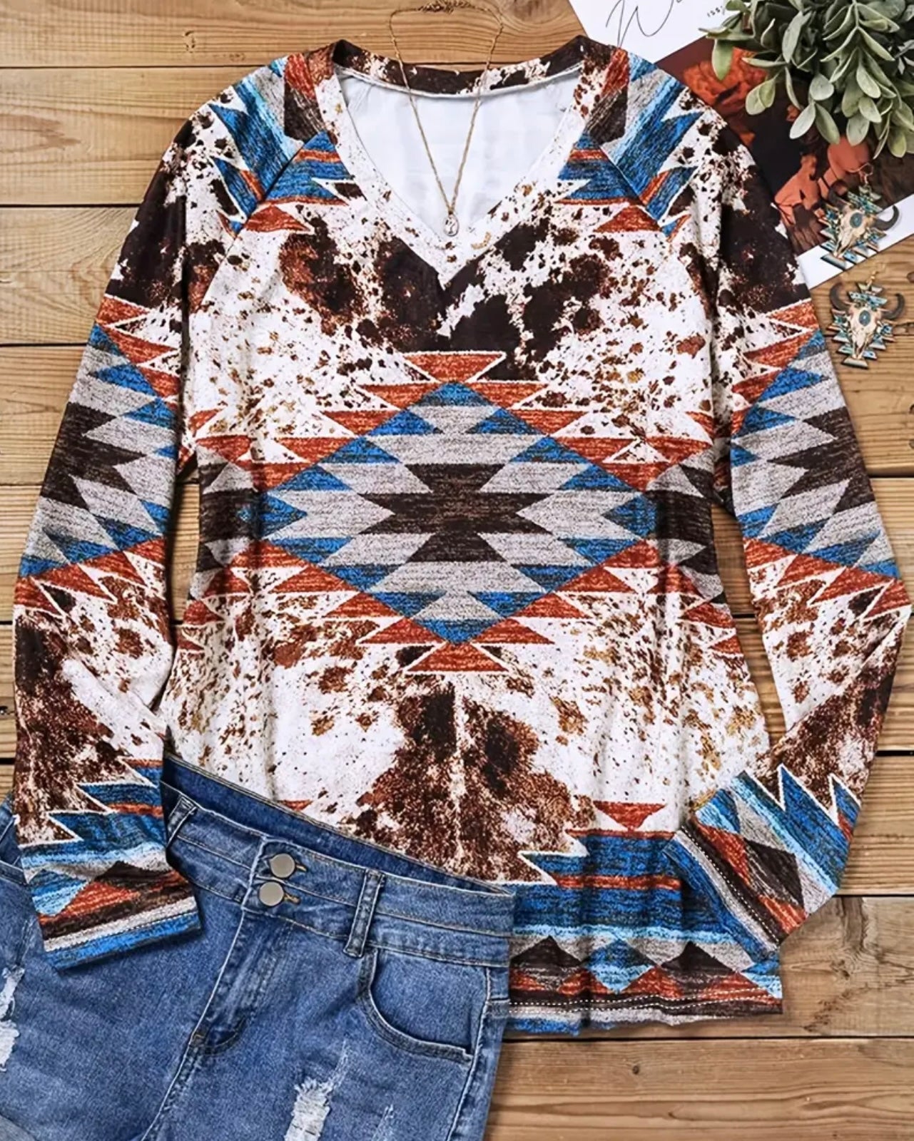 Vintage Aztec Tribal Print Long Sleeve Tee