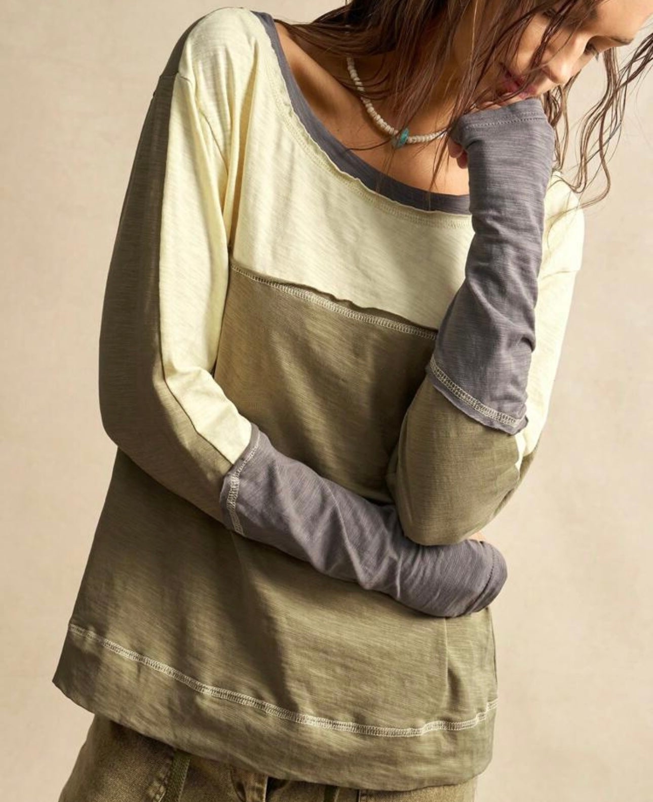 Casual Knitted Patchwork Round Neck Long Sleeve Loose T-Shirt
